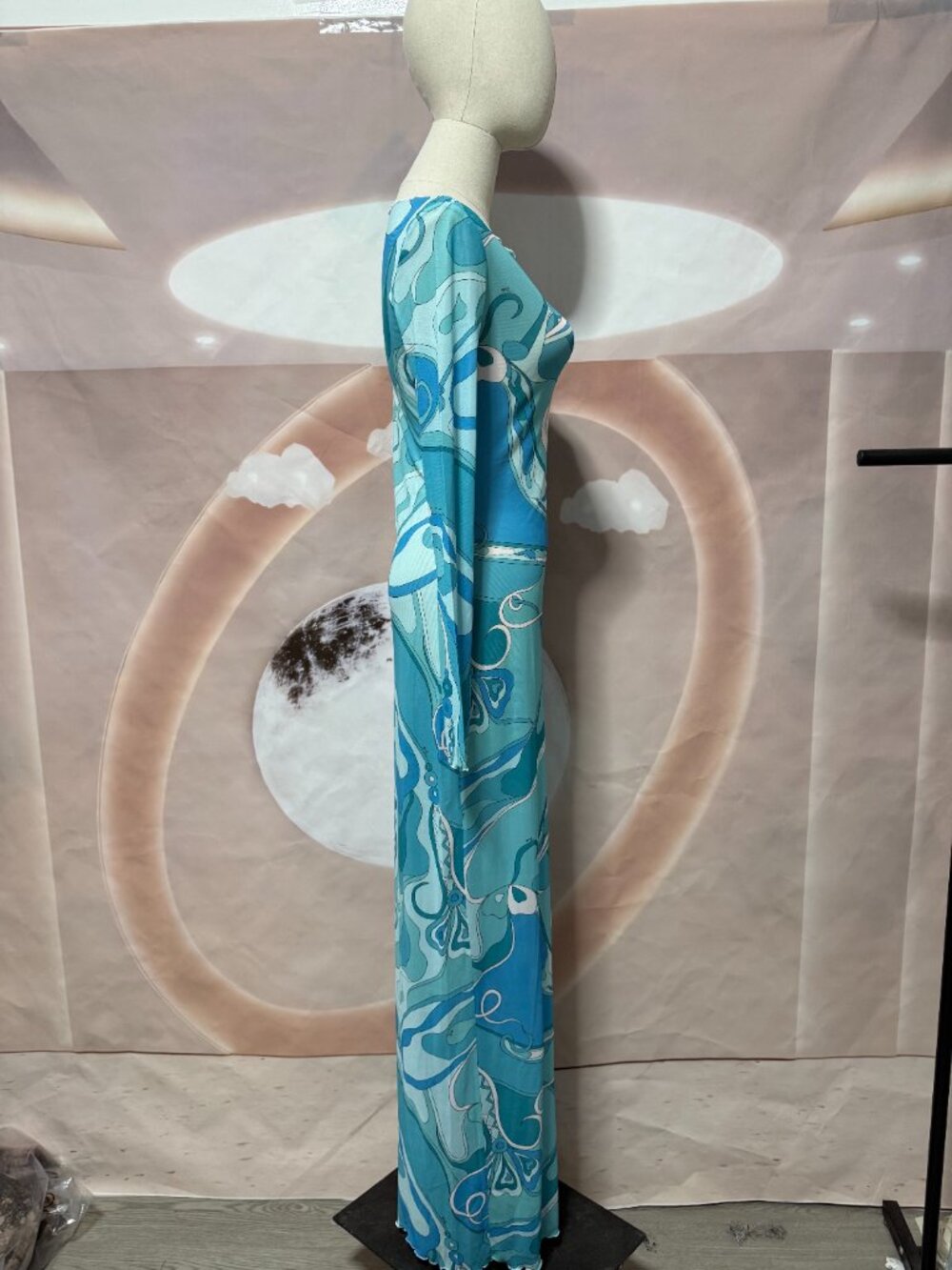 Emilio Pucci Turquoise Swirl-Print Tulle Long-Sleeve Dress - Picture 5 of 13